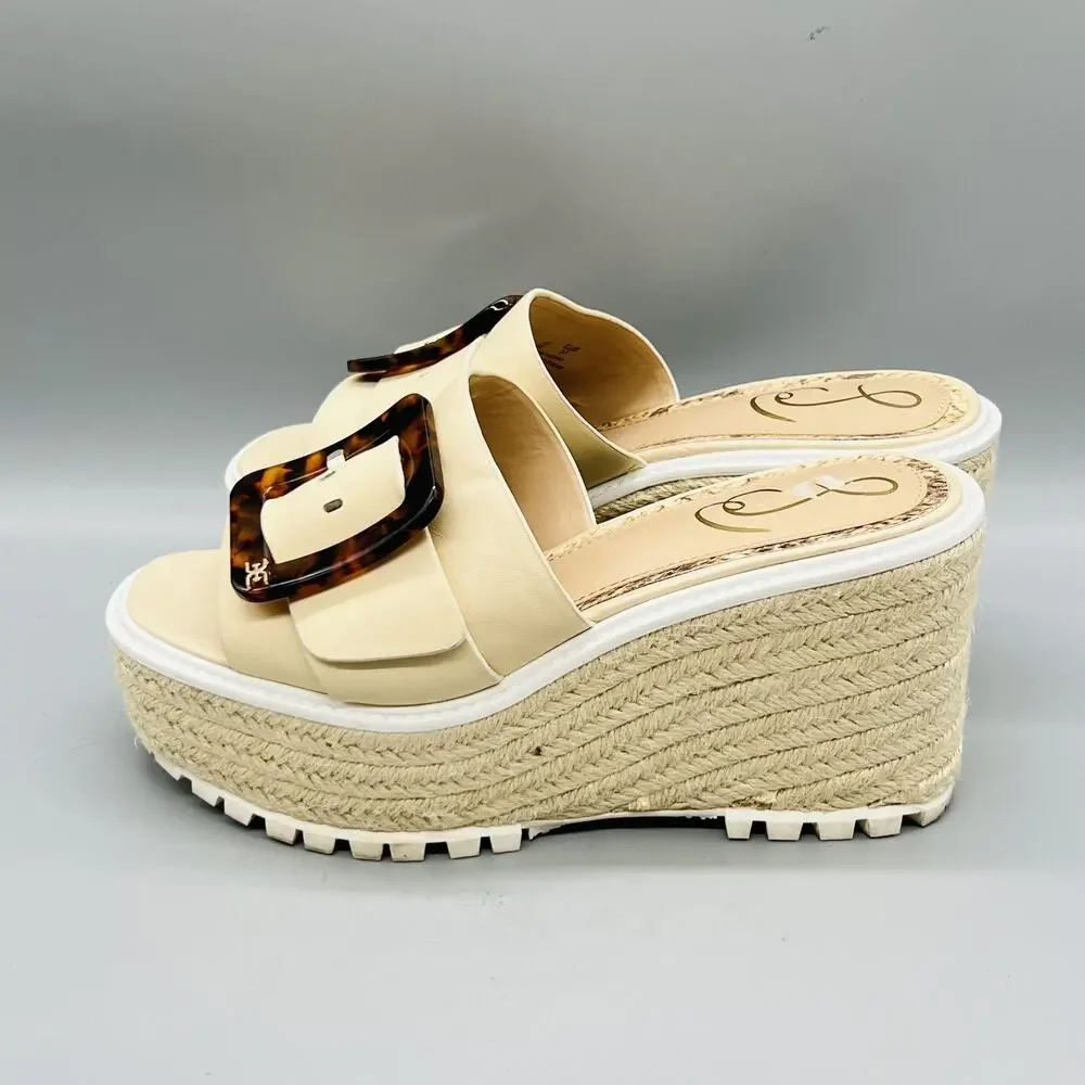 Sam Edelman Sandals Womens 7 Beige Leather Livi Espadrille Buckle Wedge Shoes